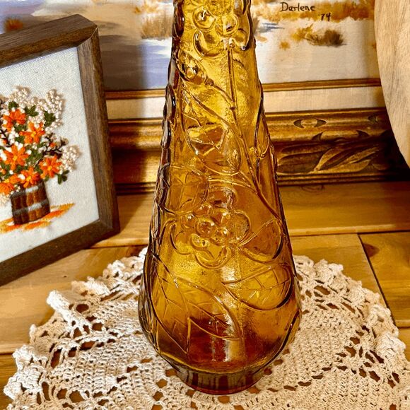 Vintage Amber Glass Italian Empoli Decanter - Grapes & Cherries Design - MCM Gen - Picture 5 of 9